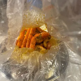 in plastic wrap on table