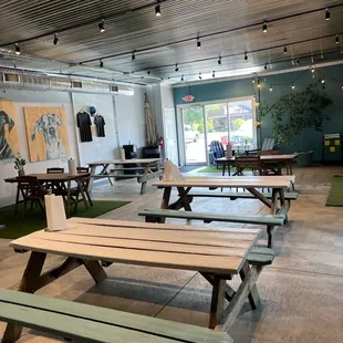 tables and benches in a room