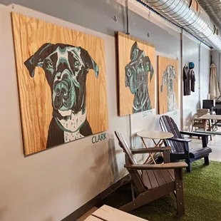 a dog's face on wood panels