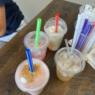 Strawberry Cheesecake Shake, Nutter Butter Shake, Jolly Rancher Legendary Shake, and Basic Cherry Berry and Raspberry Tea.