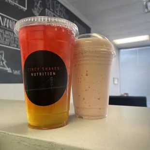 Strawberry banana protein smoothie and energized green tea!