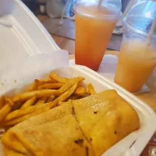 Deep fried cheesesteak, fries and lemonade