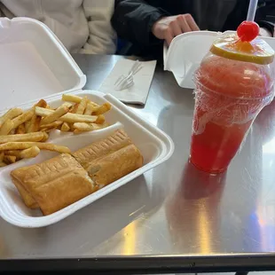 Fried cheesesteak and cherry &amp; pineapple flavored lemonade