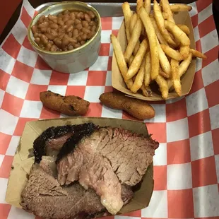 Brisket plate with fries and baked beans