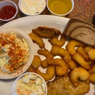 Shrimp, haddock and the one teeny, tiny piece of perch. Can you see it?