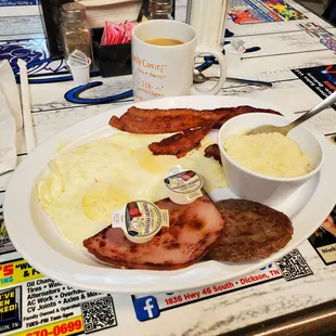 Country Boy plate. Get the hash browns not the grits.