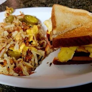 Fried Bologna &amp; Egg Sandwich with a side of hash browns