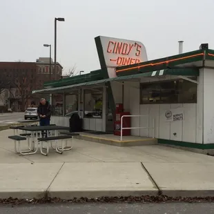 Outdoor eating. Street and bicycle parking. Across from Ruth Crist Steakhouse!