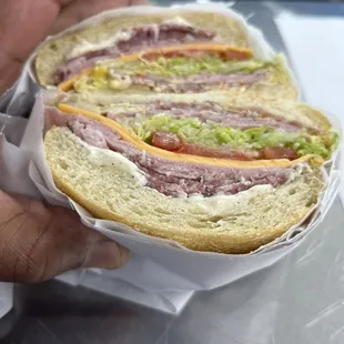 A little creation of my own,at Cindy&apos;s Market. Honey ham, salami with olive oil on a ciabatta roll.