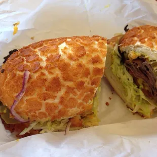 Warm roast beef on Dutch Crunch with the fixings. $4.99. Reasonable price and so thankful for it!