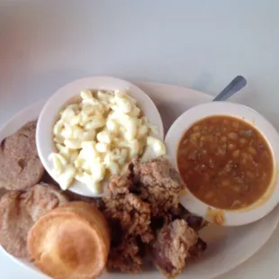 Chicken livers, mac and cheese, baked beans, fried green tomatoes, cornbread and tea $7.50 (5-5-16 price is $8.00)