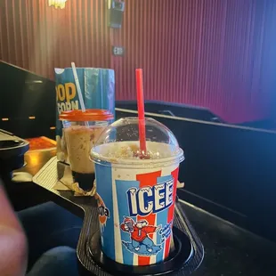Icee, frozen whiskey coke, popcorn