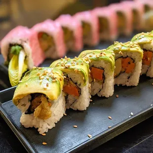 Vegan Shauna roll in front, Midori roll (also vegan) behind.