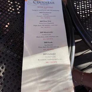 Wine tasting menu - 20 dollars