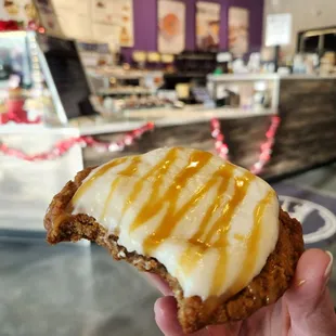 Cinnamon cookies with creme Brulee icing and Carmel drizzle. Delicious!