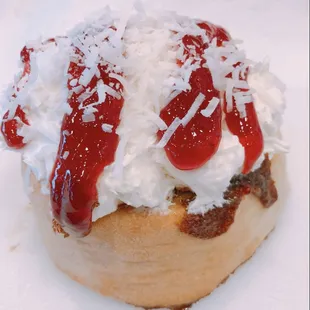 Coconut Frosting with Shredded Coconut &amp; Strawberry Jam!