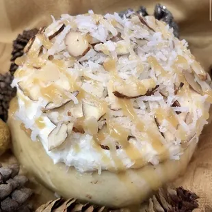 Marshmallow Frosting, Shredded Coconut, Almonds &amp; Caramel Sauce!