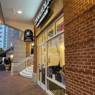 the entrance to a restaurant