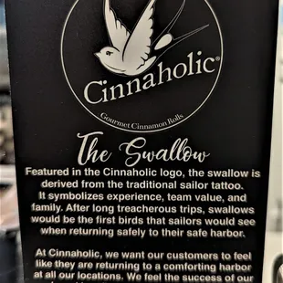 This is The Swallow, which is the logo for Cinnaholic.  Photo taken January 3, 2023.