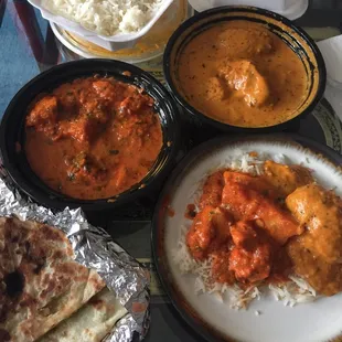 Malai Kofta, Rogan Josh, and two orders of green chili coriander naan