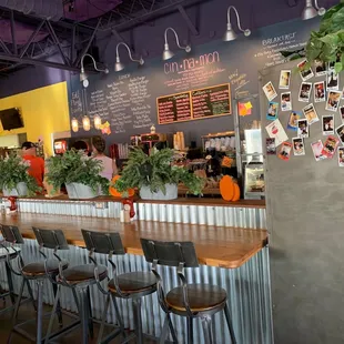 a bar with stools