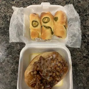Sausage, Cheese, and Jalapeño kolaches with a Pecan Sticky Bun Roll
