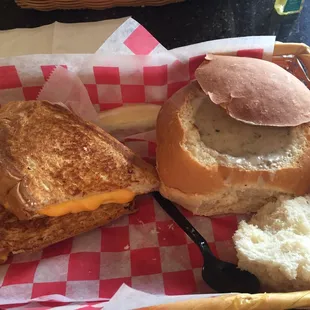 Grilled cheese and mushroom Brie bisque in a bread bowl. Too much bread and cheese even for me to finish.