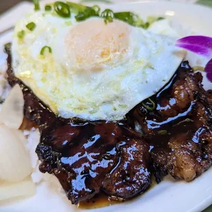 Carsie&apos;s Boneless Kal-Bi Shortribs Loco Moco with white rice, mac salad, pickled onion