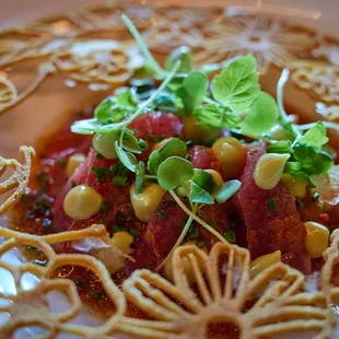 Soy ceviche, avocado, wasabi tuile