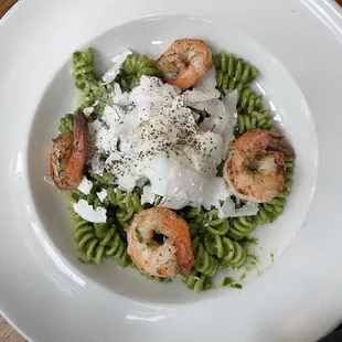 Casarecce al Pesto con Ricotta with shrimp added