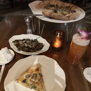 My go-to: Pizza Mushroom, Grilled Brussel sprouts, and Frenet-About-It with an edible orchid