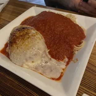 Chicken Cutlet Parmigiana with Spaghetti