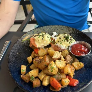 Home fries and salon eggs Benedict