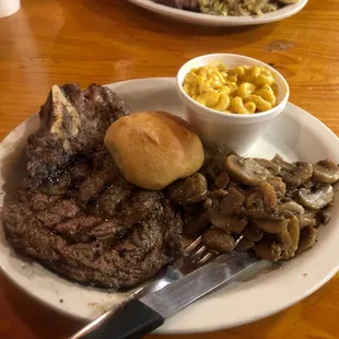 12 ounce ribeye with mac &amp; cheese and grilled mushrooms. Delicious!!