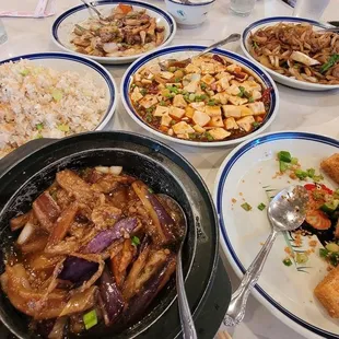 Salt &amp; pepper tofu, salted fish eggplant hot pot, dried scallop fried rice, black pepper beef w mushrooms, turnip pork belly, and mapo tofu.