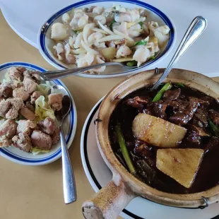 crispy chicken, crispy fish, and beef brisket clay pot