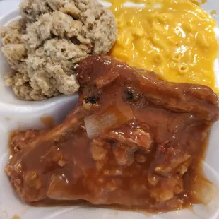 Pork chops with dressing &amp; mac &amp; cheese