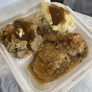 Smothered Chicken, Dressing and Mashed Potatoes