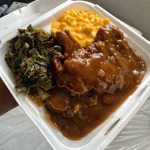 Double Chops with Extra Gravy - Southern Collard Greens - Mac and Cheese