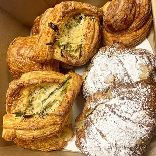 Asparagus, almond, ham and cheese and a cinnamon roll