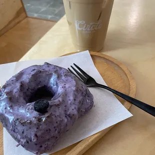 Blueberry Lavender Cake Donut and Caramel Latte