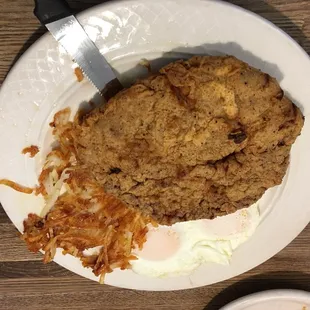 Breakfast CFS with eggs over easy, and tasty hash browns!  Awesome!