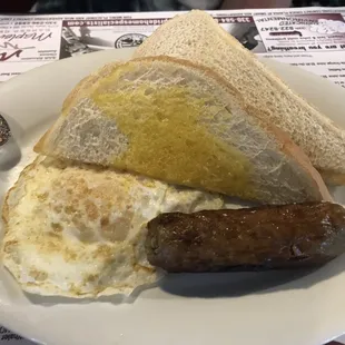 Senior breakfast one egg, one toast, one sausage. $3.99