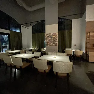 a dimly lit dining room