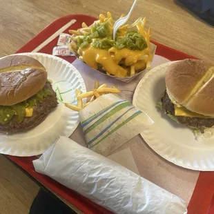 Circle T combo with green chile cheese fries and jumbo combo with regular fries. Tortilla burger all for about $40