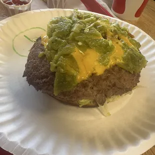 My green chile cheeseburger without the bun