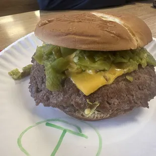 My circle T 1/2lb green chile cheeseburger