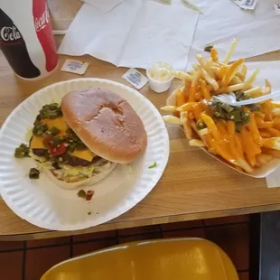 Green chile cheeseburger and green chili cheese fries