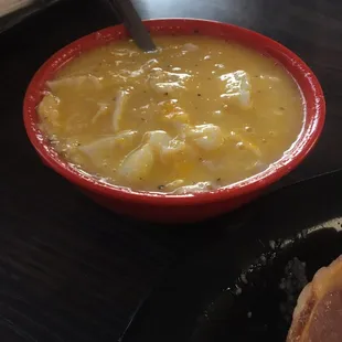 Grits mixed with my perfectly cooked over easy eggs. Delicious