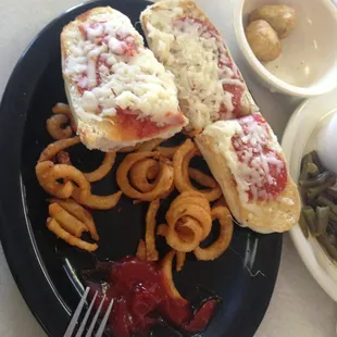 Pizza bread and curly fries